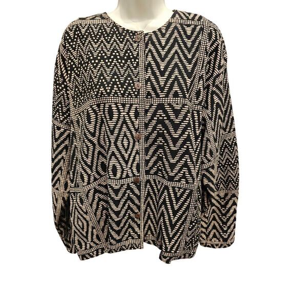 Chico's Sweaters - Chicos large coatigan heavy twill cotton button front brown black Aztec EUC L